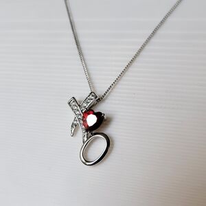 NWOT Heart Garnet & Diamonds Pendant in Sterling Silver Necklace 48cm with Box